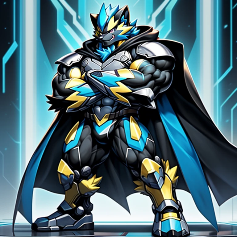 (masterpiece, best quality, detailed:1.2)
(Pokémon)
detailed full body,
zeraora,
full body,
Protecting Zeraora's design and color scheme.
Furry Heroes,
Main color is yellow.
Wearing cyberpunk mecha,
Wearing full plate armor
Its full plate armor emphasizes the muscles.
a knight's mechanical armor,
glowing wide and heavy armor,
He wears the same armor as himself from head to foot.
a furry hero.
super hero, hero, bodysuit,
big muscle (pecs, triceps, traps)
unusually developed muscular body,
body full of huge muscles.
showing off muscles,
pectorales enormes.
Exaggeratedly huge muscles.
bulge in the crotch, wears a small black string thong that reveals huge, muscular thighs. (metallic color: jet black thong)
also have a cloak on my back.
The cloak is black.
The cloak is so long that it touches the ground,
crossed arms.
looking down at the other person.
stepping on the enemy.
cool face.