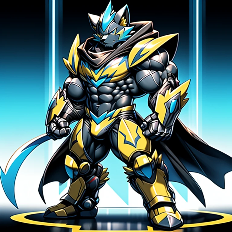 (masterpiece, best quality, detailed:1.2)
(Pokémon)
detailed full body,
zeraora,
full body, 
Protecting Zeraora's design and color scheme.
Furry Heroes,
Main color is yellow.



Wearing cyberpunk mecha,
Wearing full plate armor
Its full plate armor emphasizes the muscles.
a knight's mechanical armor,
glowing wide and heavy armor,
He wears the same armor as himself from head to foot.
a furry hero.
super hero, hero, bodysuit,





big muscle (pecs, triceps, traps)
unusually developed muscular body,
body full of huge muscles.
showing off muscles,
pectorales enormes.
Exaggeratedly huge muscles.




bulge in the crotch, wears a small black string thong that reveals huge, muscular thighs. (metallic color: jet black thong)
also have a cloak on my back.
The cloak is black.
The cloak is so long that it touches the ground,


crossed arms.
looking down at the other person.
stepping on the enemy.
cool face.
