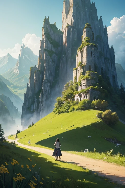 A girl leading a group of knights stands on a green meadow..
With a brave look, She guides them to their destination..
Blake behind her, The green forest spreads、Beyond that, Mountains in the distance々stands tall.
Blake: The best effect for this scene is、It is a watercolor technique that captures the softness of the meadow and the fluidity of movement.。.