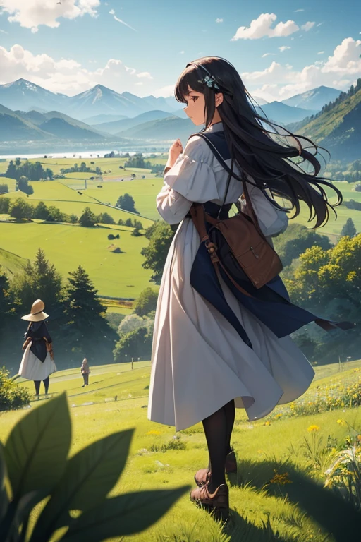 A girl leading a group of knights stands on a green meadow..
With a brave look, She guides them to their destination..
Blake behind her, The green forest spreads、Beyond that, Mountains in the distance々stands tall.
Blake: The best effect for this scene is、It is a watercolor technique that captures the softness of the meadow and the fluidity of movement.。.