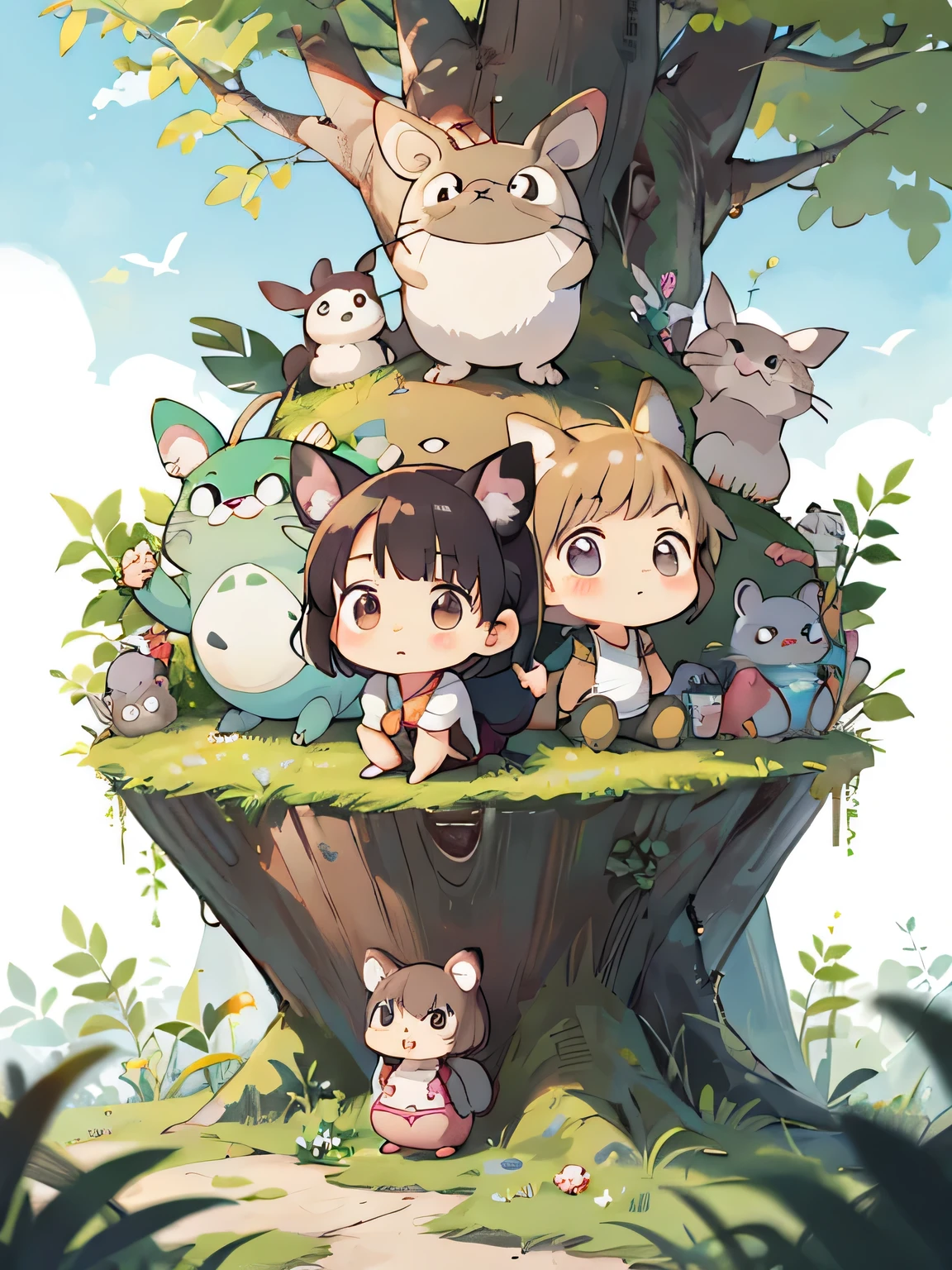 Hayao Miyazaki Style, Kawaii Design, My Neighbor Totoro、most beautiful girl ever、Chibi, Colorful bob hair、((Lots of friends))、Totoro Forest