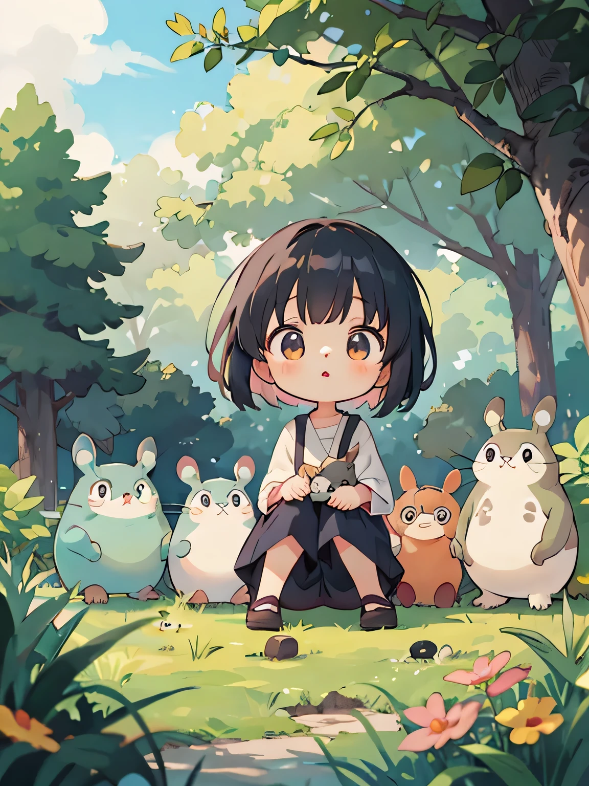 Hayao Miyazaki Style, Kawaii Design, My Neighbor Totoro、most beautiful girl ever、Chibi, Colorful bob hair、((Lots of friends))、Totoro Forest