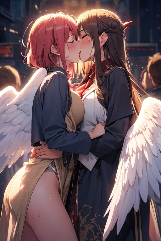masterpiece, best quality, unity 8k wallpaper, illustration, very detailed, ((rape, sexual harassment, ache ,1 angel ,1 devil, first sound)),, sweat, Warmth, Hard, big bust ((in front of many people ))(((kiss)))