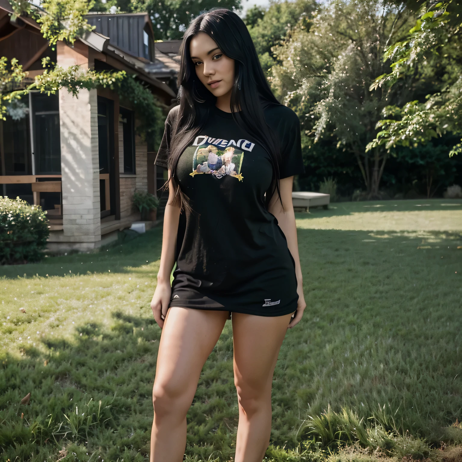 Women 25 year old,long black hair,big breast,green t shirt,black lagging,high heel,standing foto,facing camera,home and grass,near river,hyperrealistic,8k