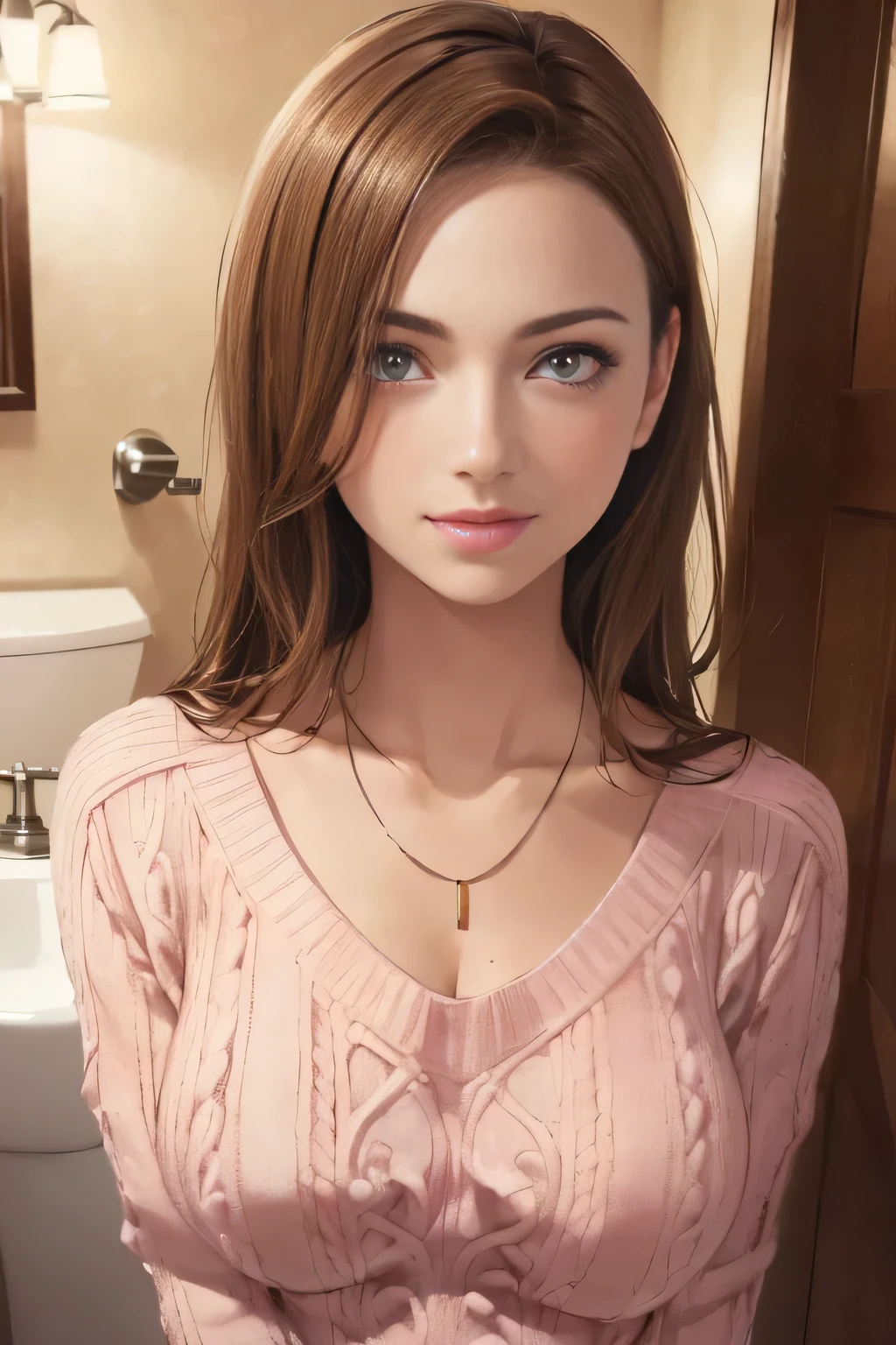 (best quality:1.2, highres, masterpiece:1.2), ultra-detailed, realistic lighting, nighttime scene, portraits, slim beauty, delicate eyes, beautiful face, brown hair, medium breasts, long pink sweater, bathroom setting, fine facial features, smile, necklace