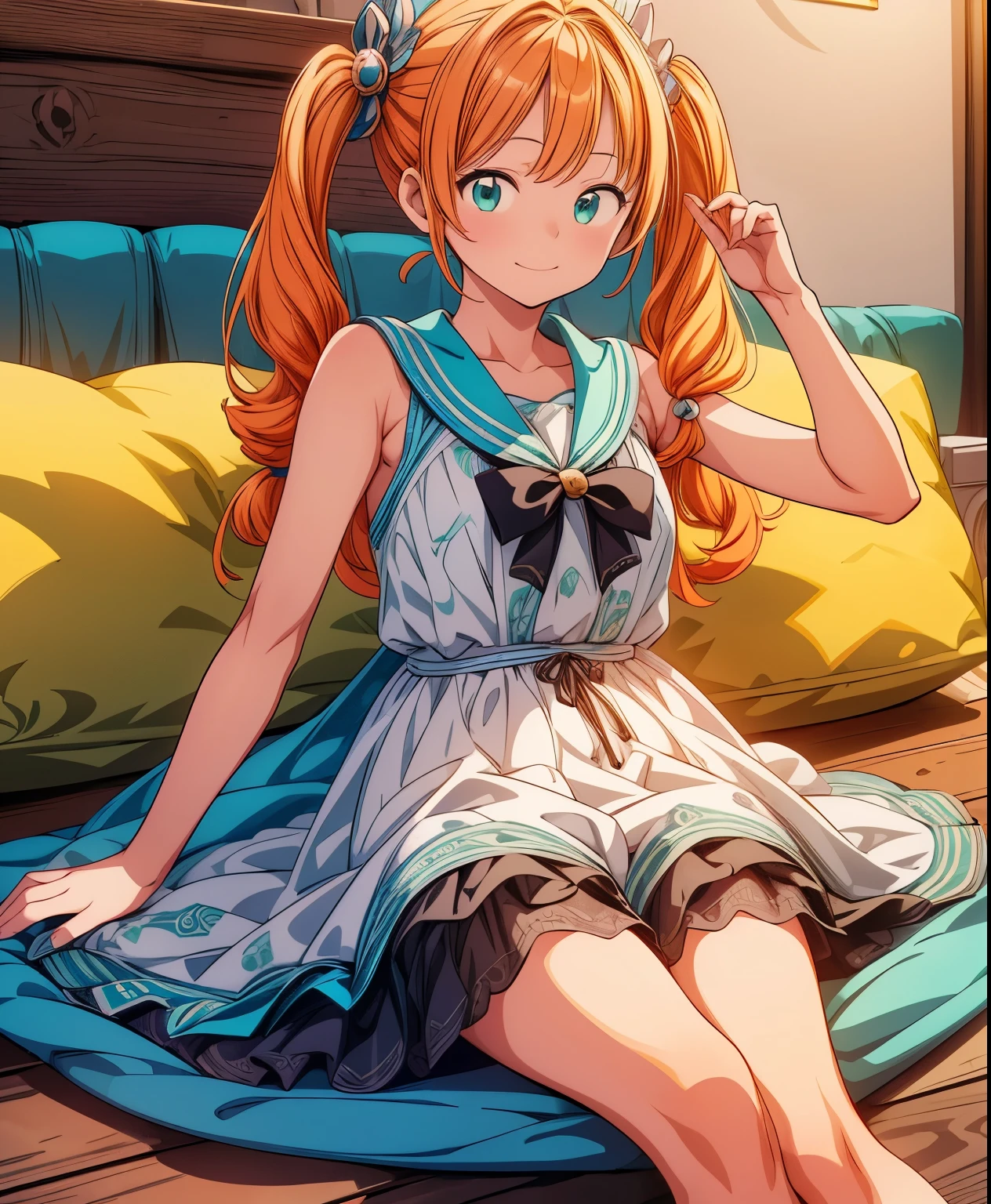 Honoka Kosaka　Orange Hair　Blue eyes　short hair　One-sided ponytail　Orange nightgown　White garter belt　smile　Larger breasts　night　Love Hotel　Seduce　Sit on the bed　night景　Dark Room　Room lighting　Holding an orange cocktail