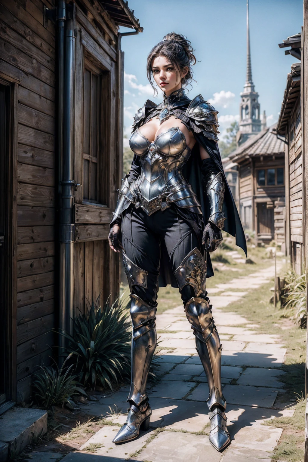 ((show full body from head to toe, standing, body facing to the viewer (show front body)). Tall body, fit body, slender body, medium breast. A woman wearing steel armor with pants, gloves, pauldron with cape, show steel boots, chest armor, steel armor with ornate. short hair with updo. Masterpiece:1.5, illustration:1.1, best quality:1.5, fine detail, 4k, HDR, natural lighting, bright lighting, sharp focus, smooth detail, HDR. Outdoor at a town