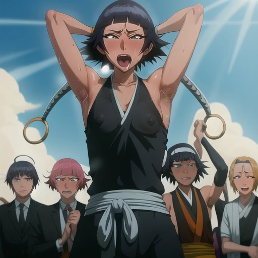 (Super delicate skin),(Ahegao), (flat chest:1.4), (The nipples can be seen through the clothes),(muscular:1.35),flirtatious, 1 female, solitary, Black flowing hair, eternal, Japanese clothing, No underwear,Small Breasts, No eyeballs, For the audience, Looking at the audience, tired, From below, (Exposed armpit:1.1), ((armpit:1.2)), Sexy pose, (sweat),(More and more sweat),(Ahegao), (Roll your eyes), Naughty face, blush, open mouth, Sticking out tongue, saliva, Slobber,Runny nose,Sloppy person,Skinny