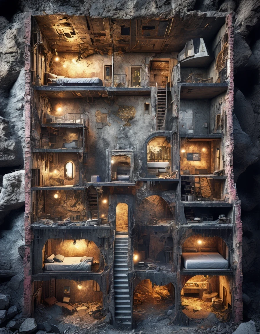 The underground luxury hotel castle profile of the doomsday wasteland is shabby, rusty and spliced in appearance. In addition, elements such as splashing graffiti and neon lights often appear in the doomsday wasteland. Many doomsday residents,Apartment,Attic, Cellar, Underground, Makeshift,Hotel Room,Bedroom,Kitchen,Living Room,Passageway,Porch,Structure,Architecture,Top view,Split Lighting,