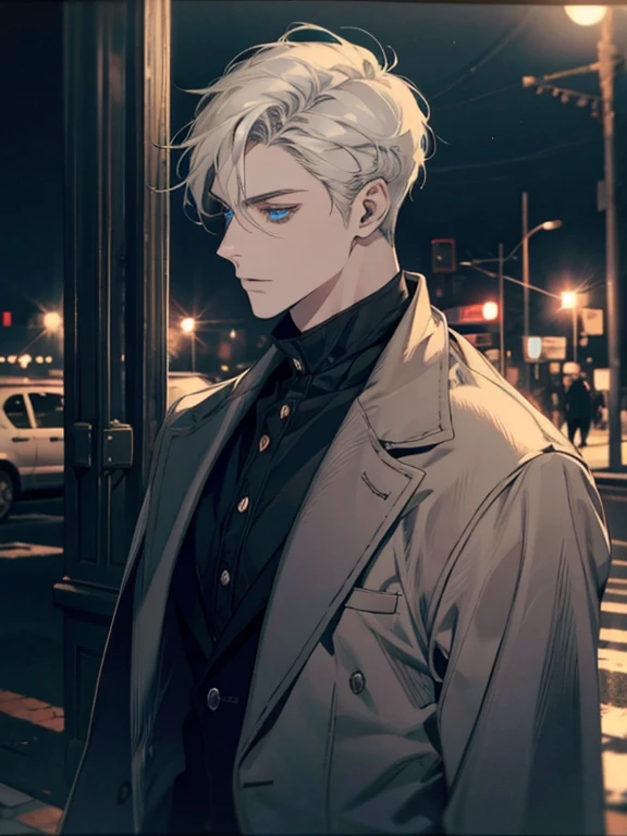 Night time , at a bus stop , spooky lighting , lit only by street light , spooky glow , moody scene , reflections, wearing Fall clothing , (masterpiece, best quality )detailed, 1Character , blue archive art style , pastel washed out colors , cell shade , soft, muted shades ,gentle colors , Handsome man , White hair , very Short hair, ((crew cut hair style:1 )) , Blue eyes , light skin , ((muscular:1)),masculine ,age 28,