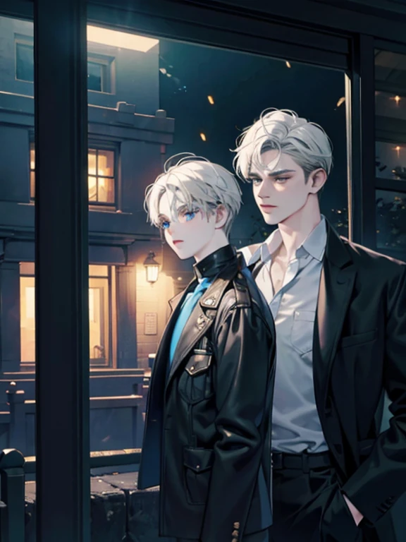 Night time , at a bus stop , spooky lighting , lit only by street light , spooky glow , moody scene , reflections, wearing Fall clothing , (masterpiece, best quality )detailed, 1Character , blue archive art style , pastel washed out colors , cell shade , soft, muted shades ,gentle colors , Handsome man , White hair , very Short hair, ((crew cut hair style:1 )) , Blue eyes , light skin , ((muscular:1)),masculine ,age 28,