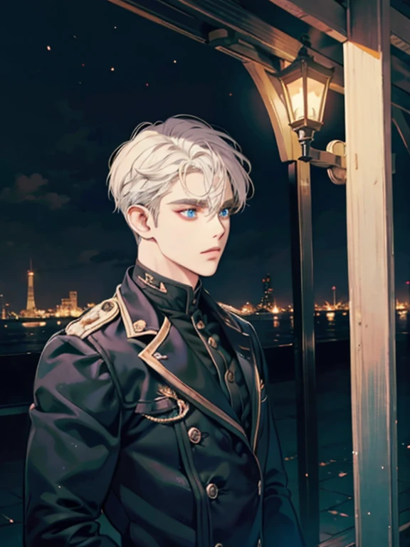Night time , at a bus stop , spooky lighting , lit only by street light , spooky glow , moody scene , reflections, wearing Fall clothing , (masterpiece, best quality )detailed, 1Character , blue archive art style , pastel washed out colors , cell shade , soft, muted shades ,gentle colors , Handsome man , White hair , very Short hair, ((crew cut hair style:1 )) , Blue eyes , light skin , ((muscular:1)),masculine ,age 28,
