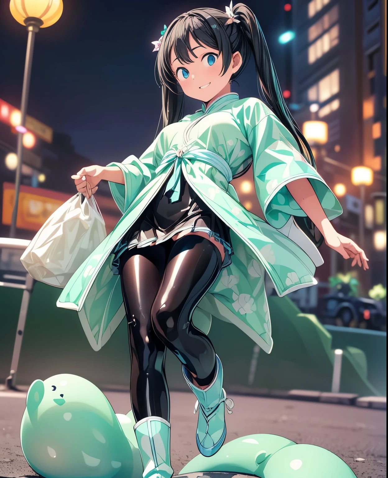 (masterpiece、highest quality、highest quality、Official Art、Beautiful and beautiful:1.2)、(One girl:1.3)Hatsune Miku、Twin tails,Big Breasts,  (Tabletop:1.0), (highest quality:1.4), (High resolution:1.2), (Realistic:1.4),(From below:1.5), (8k, RAW Photos:1.2), (Soft Focus:1.4),break,There is a girl wearing latex sailor  who is walking on the road and smiling and taking pictures.............................................................,Lesbians all over,( 彼女の全身は黒いlatexで覆われている:1.3),break,( 半透明のlatexのクリアなチャイナドレスを着て:1.4),break,Slime Skin,Smooth and tight boots, Clear skin,latex, Translucent body,latex Shiny,Detailed hand and fingers,(Shinylatex手袋:1.2), Chinese dress that fits your skin,break,bob hair,(Mint Hair:1.3),glossy Shiny reflective,Gal Makeup,Japanese Goddess, Glowing Skin,Gorgeous Japanese Model,Shiny,Shiny,slimy,(Shiny黒のサイハイブーツ:1.2),break,Detailed Background,on the road