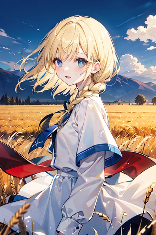 White clothes with blue trim、Blonde、blue eyes、Braided Hair、Hair in braids、Fair skin、The background is a wheat field、Shining wheat field、Daytime、Far and high sky、