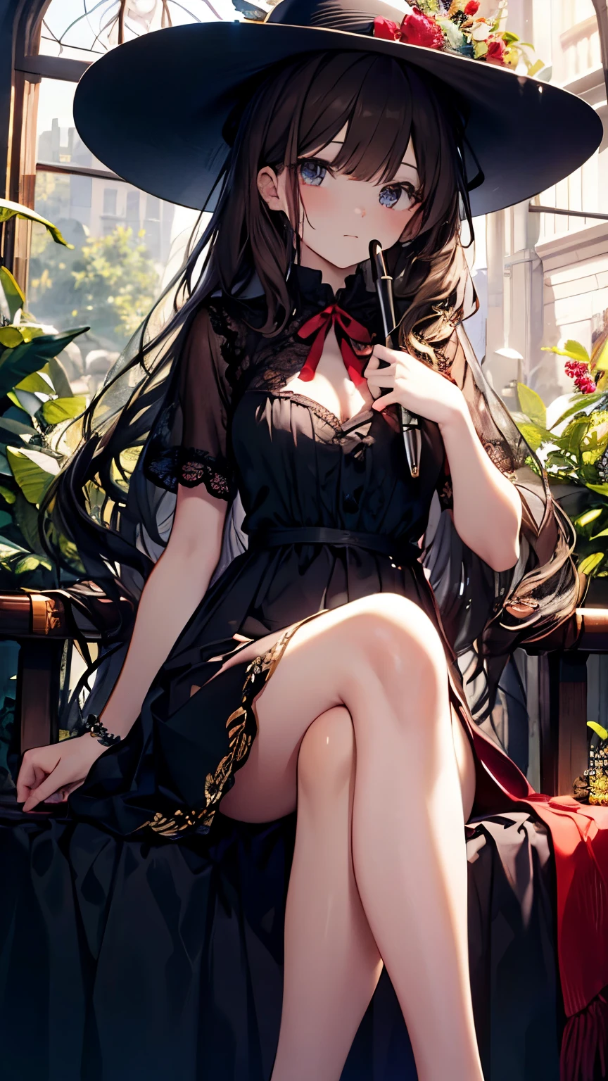 ((best quality)), ((masterpiece)), (detailed), perfect face, Wizard, (wide-brimmed hat), black dress, (Holding a magic wand, legs crossed), ((brown hair, long hair)), innocent expression, Detailed face, highly detailed eyes, red ribbon on chest