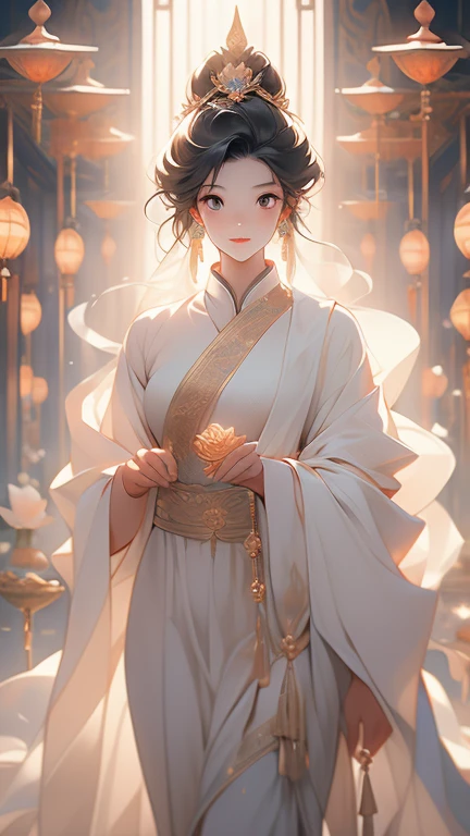 (1teenager:1.3),( 13years old:1.3),slim body,white skin,black hair,long hair,dress,white hair,cat ears,The woman in the temple,Young and serene,Her hair cascaded down to her waist,Eyes as blue as the sky,She was dressed in a white robe,There was a reverent smile on his face,The interior of the temple is simply furnished,The walls were covered with prayer flags,The candlelight reflected a warm glow,The Buddha statue is tall and solemn,Facial compassion,Lotus in hand,Radiate divine light,The whole picture is imbued with serenity and solemnity,It's like time is here