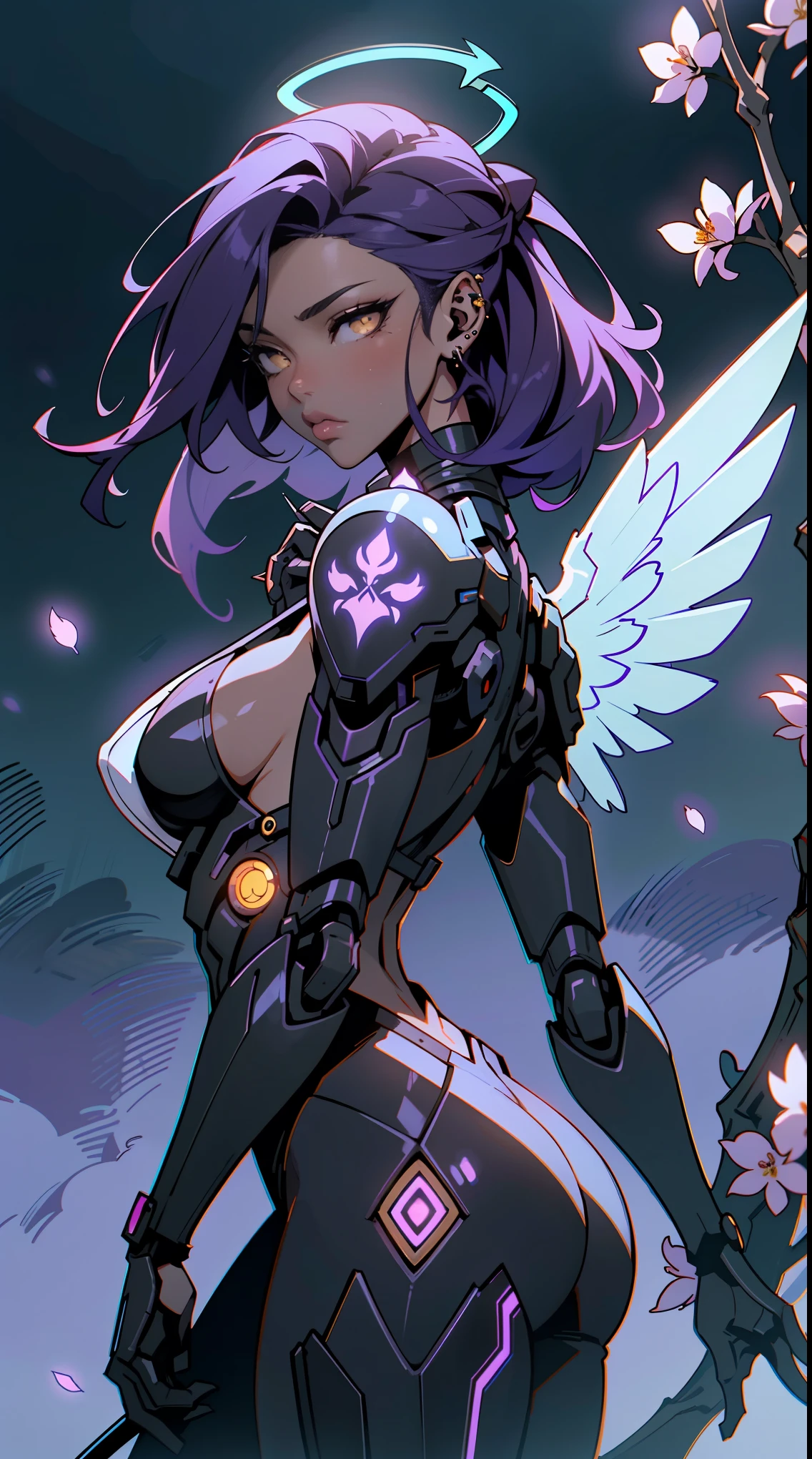 The most beautiful and sexy cyberpunk girl, purple hair, yellow eyes, dark skin, wearing highly detailed futuristic battle armor, futuristic mechanical angel wings, glowing neon halo, tons of tattoos and piercings, cherry blossoms blowing in the wind, highly detailed background, perfect masterpiece, high quality, high resolution