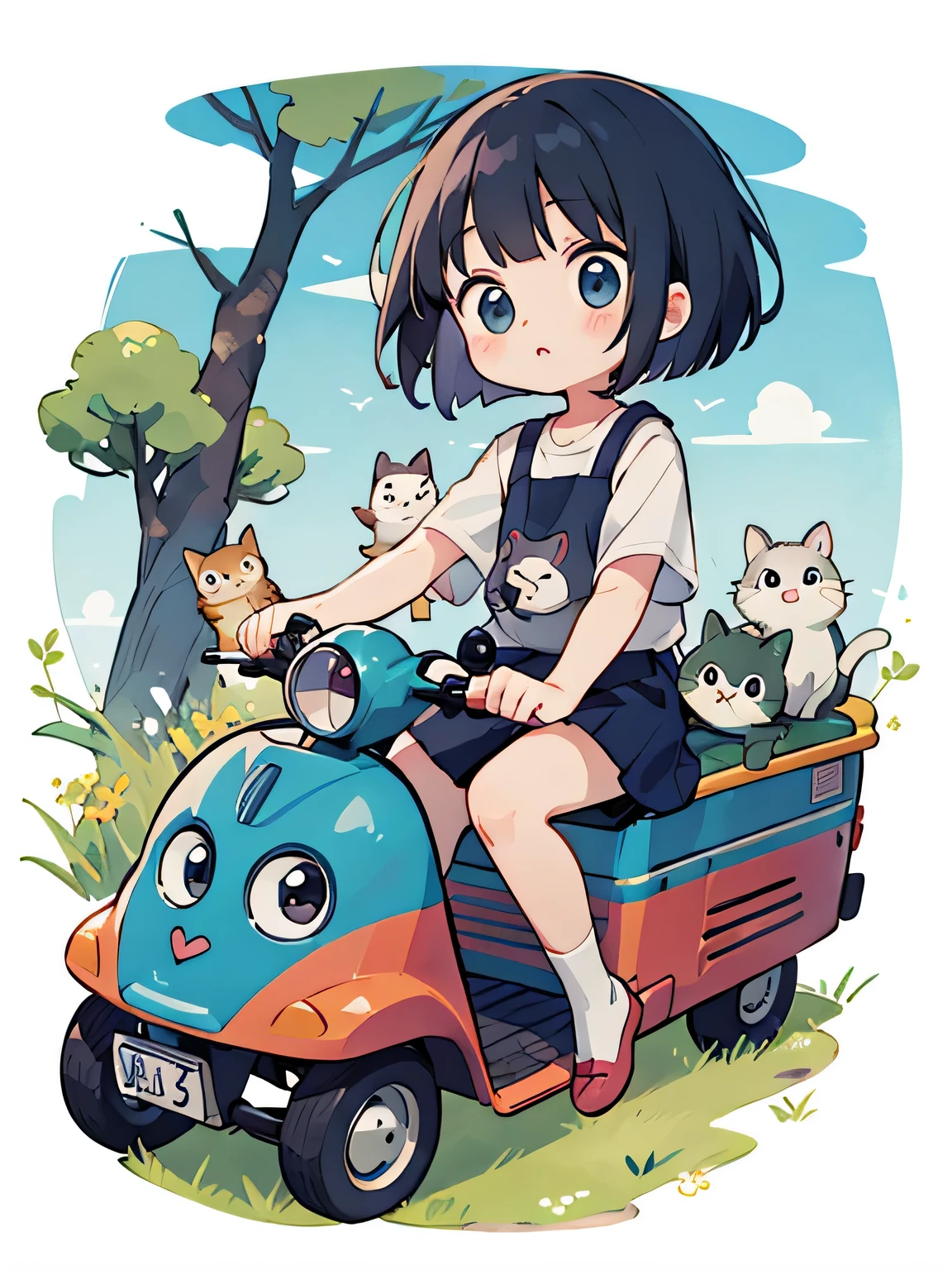 Hayao Miyazaki Style, Kawaii Design, My Neighbor Totoro、most beautiful girl ever、Chibi, Colorful bob hair、((Lots of friends))、Cat Bus