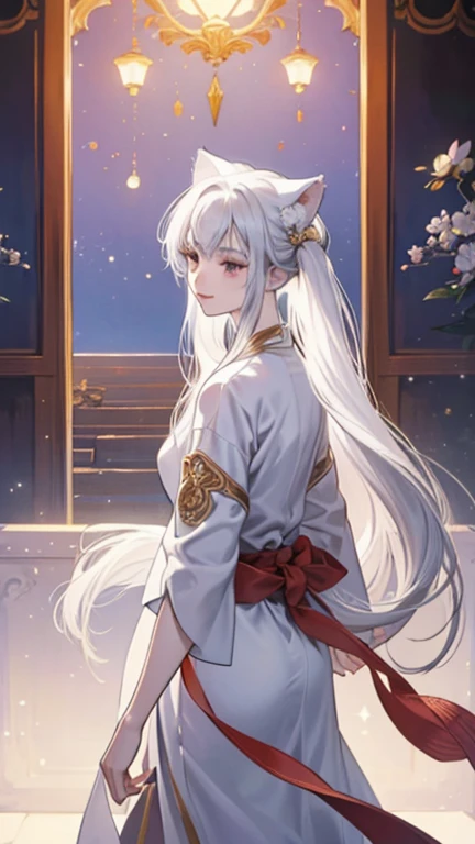 (1teenager:1.3),( 13years old:1.3),slim body,white skin,black hair,long hair,dress,white hair,cat ears,The woman in the temple,Young and serene,Her hair cascaded down to her waist,Eyes as blue as the sky,She was dressed in a white robe,There was a reverent smile on his face,The interior of the temple is simply furnished,The walls were covered with prayer flags,The candlelight reflected a warm glow,The Buddha statue is tall and solemn,Facial compassion,Lotus in hand,Radiate divine light,The whole picture is imbued with serenity and solemnity,It's like time is here