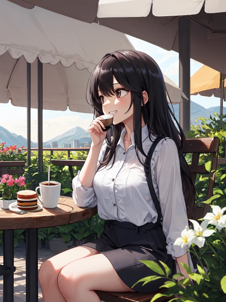 (looking away:1.2),(masterpiece:1.2), (best quality),(ultra detailed),(extremely detailed),(absolutely resolution) ,absurdres,8k, 1girl-drinking-hot-coffee, cafe, city, sitting-on-the-chair, grin, cake, mountain, flowers-pods, windy, 
BREAK,  ultra detailed eyes, long hair, messy hair, (gradation hair:1.2),