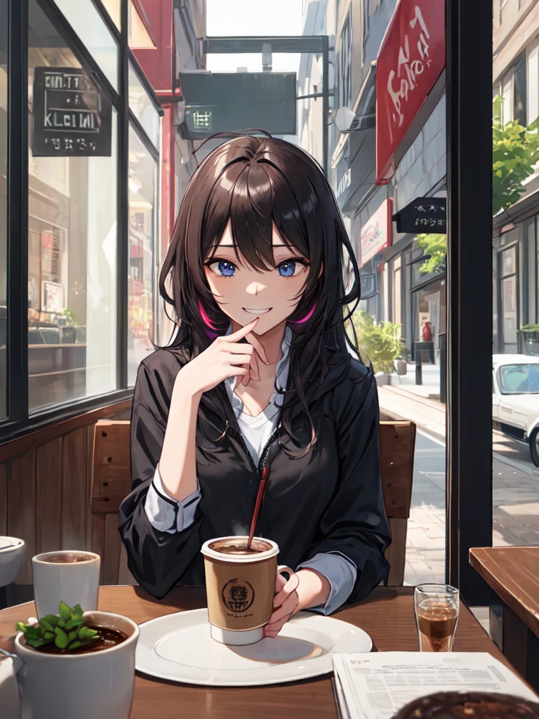 (looking away:1.2),(masterpiece:1.2), (best quality),(ultra detailed),(extremely detailed),(absolutely resolution) ,absurdres,8k, 1girl-drinking-hot-coffee, cafe, city, sitting-on-the-chair, grin, cake, mountain, flowers-pods, windy,
BREAK, ultra detailed eyes, long hair, messy hair, (gradation hair:1.2),