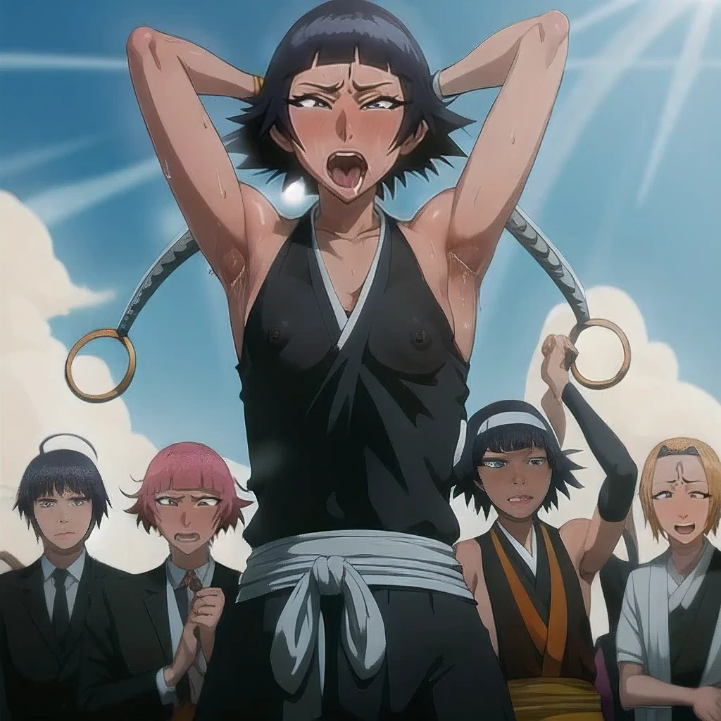 (Super delicate skin),(Ahegao), (flat chest:1.4), (The nipples can be seen through the clothes),(muscular:1.35),flirtatious, 1 female, solitary, Black flowing hair, eternal, Japanese clothing, No underwear,Small Breasts, No eyeballs, For the audience, Looking at the audience, tired, From below, (Exposed armpit:1.1), ((armpit:1.2)), Sexy pose, (sweat),(More and more sweat),(Ahegao), (Roll your eyes), Naughty face, blush, open mouth, Sticking out tongue, saliva, Slobber,Runny nose,Sloppy person,Skinny