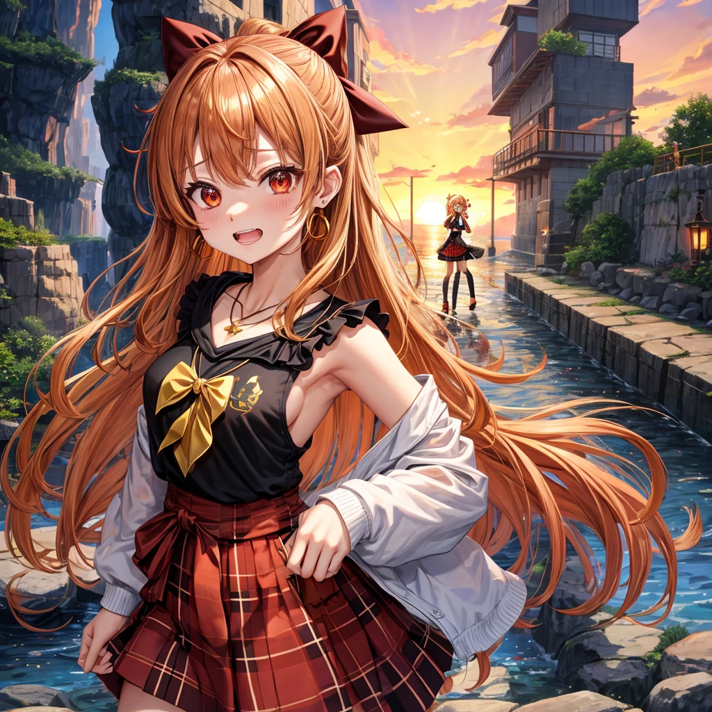 Brown, red, gold, golden hair、Red eyes、One good looking girl、solo、anime、Checkered mini skirt、Black camisole、Black T-shirt、hoodie、Wearing a ribbon、Ribbon on waist、Crystal Earrings、Gemstone Necklace、Light and shadow、Tilting face、Teeth are visible、waterfall、Kuroko、wearing goggles on head、tunnel、pylon、Sunset sky、Towering、frilled lizard