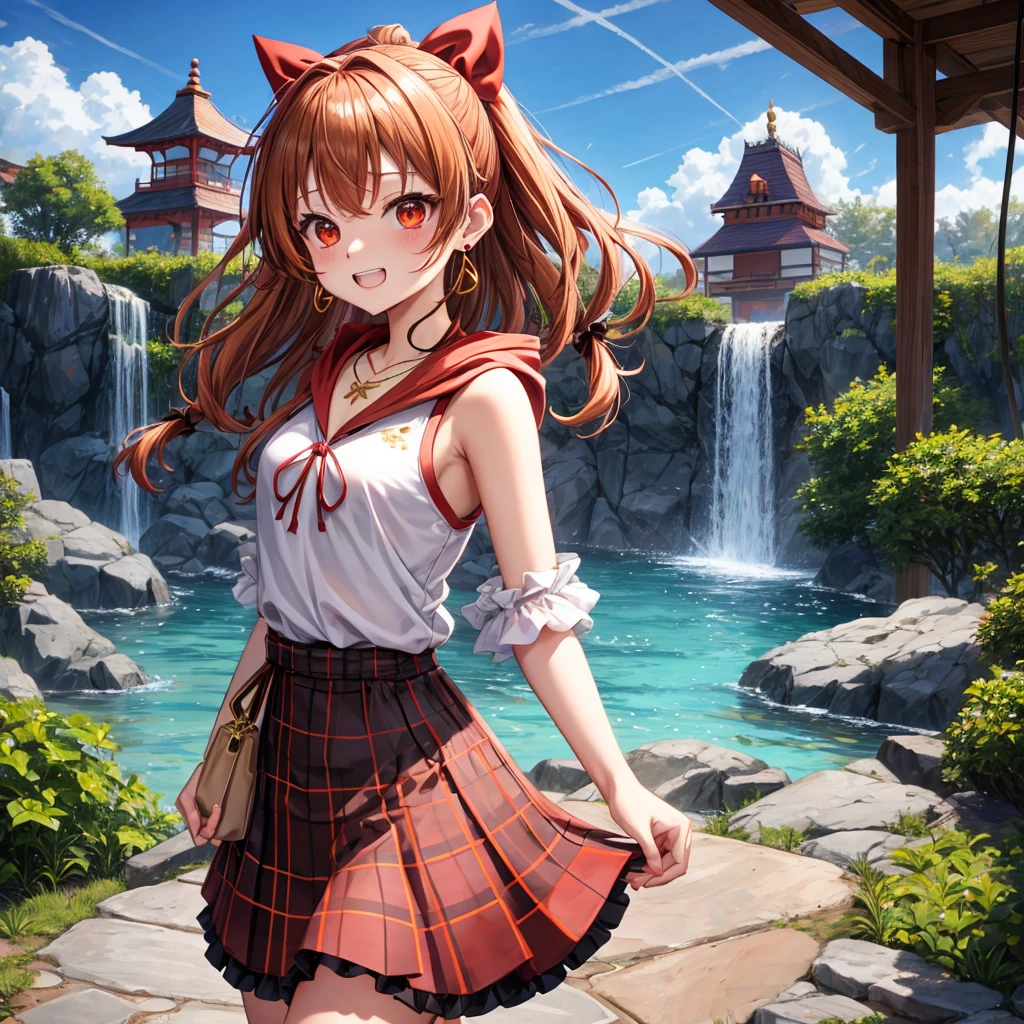 Brown, red, gold, golden hair、Red eyes、One good looking girl、solo、anime、Checkered mini skirt、Black camisole、Black T-shirt、hoodie、Wearing a ribbon、Ribbon on waist、Crystal Earrings、Gemstone Necklace、Light and shadow、Tilting face、Teeth are visible、waterfall、Kuroko、wearing goggles on head、tunnel、pylon、Sunset sky、Towering、frilled lizard