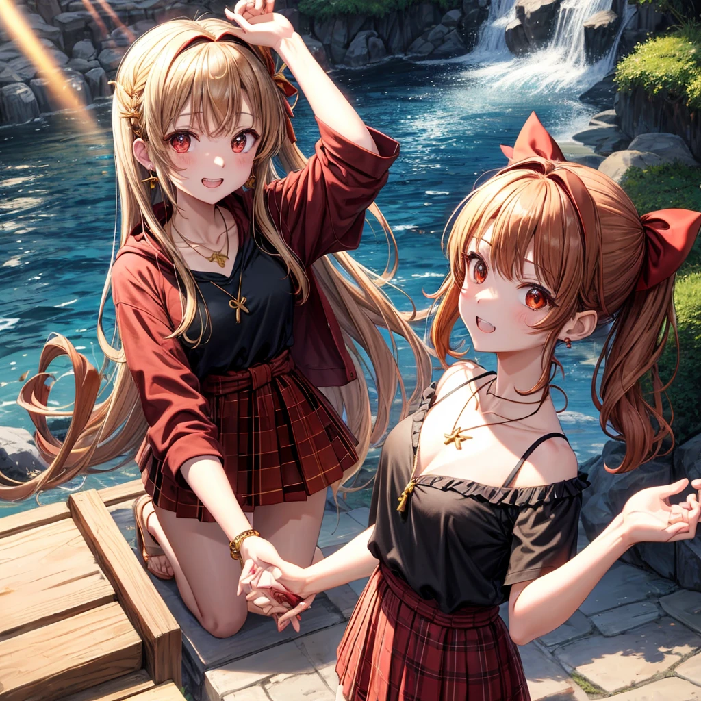 Brown, red, gold, golden hair、Red eyes、One good looking girl、solo、anime、Checkered mini skirt、Black camisole、Black T-shirt、hoodie、Wearing a ribbon、Ribbon on waist、Crystal Earrings、Gemstone Necklace、Light and shadow、Tilting face、Teeth are visible、waterfall、Kuroko、wearing goggles on head、tunnel、pylon、Sunset sky、Towering、frilled lizard