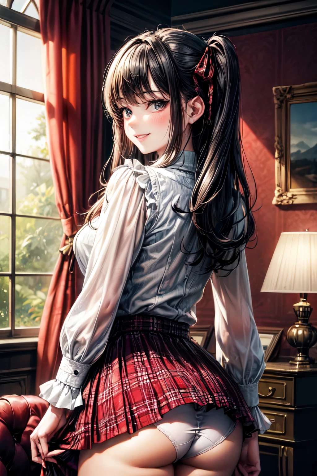 very cute and beautiful girl,(highly detailed beautiful face),(smile),blush,cowboy shot,
(white blouse with detailed frills),long sleeve BREAK
standing,(from behind,looking back),leaning forward,(laced white panties),looking at viewer,
hair ribbon,black hair,(scarlet plaid mini skirt:1.15)
BREAK antique living room,victorian gorgeous furnitures,
(best quality,masterpiece:1.0),absurdres,highres,ultra-detailed,extremely detailed,32k,8k resolution,
intricate details,cinematic scene,detailed background,solo,dynamic angle,