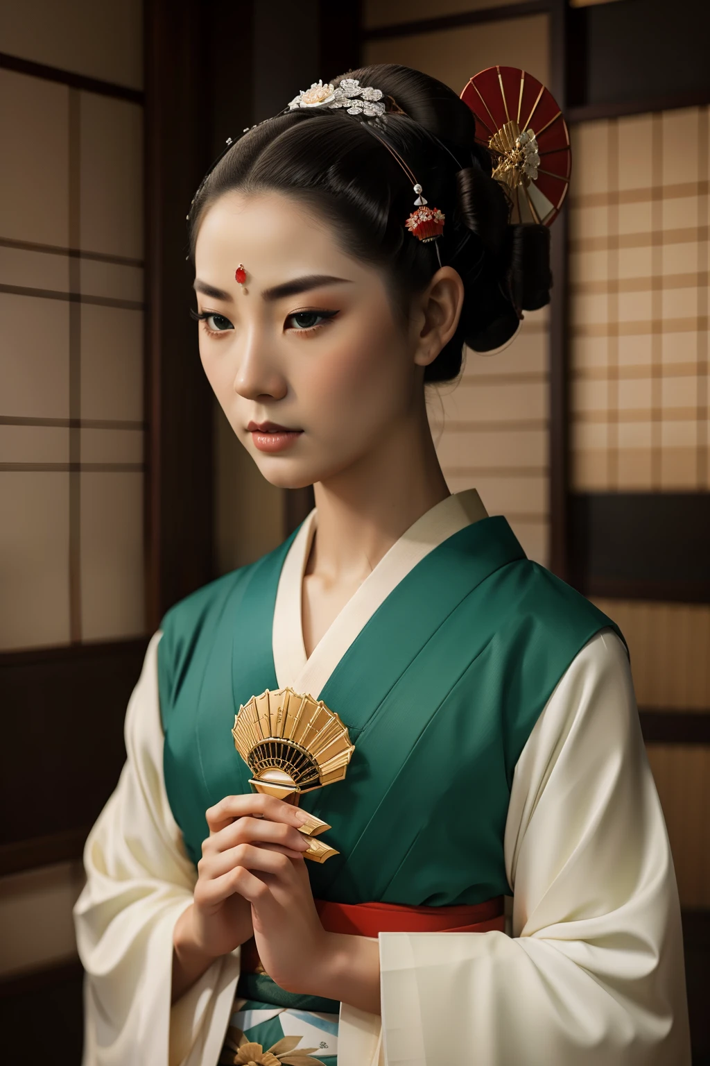 Kioto, 1939. A young ((((19-year-old)) Sayuri)), strikingly beautiful, delicate facial features, porcelain skin, expressive eyes, ((holding an emerald gemstone)), ((angry expression)), ((((geisha clothings from the 1930s)))), ((geisha hairstyle of the 1930s)), colorful