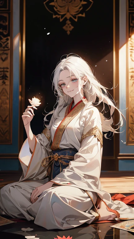 (1teenager:1.3),( 13years old:1.3),slim body,white skin,black hair,long hair,dress,white hair,cat ears,The woman in the temple,Young and serene,Her hair cascaded down to her waist,Eyes as blue as the sky,She was dressed in a white robe,There was a reverent smile on his face,The interior of the temple is simply furnished,The walls were covered with prayer flags,The candlelight reflected a warm glow,The Buddha statue is tall and solemn,Facial compassion,Lotus in hand,Radiate divine light,The whole picture is imbued with serenity and solemnity,It's like time is here