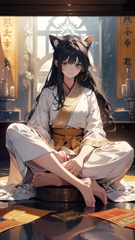 (1teenager:1.3),( ars old:1.3),slim body,white skin,black hair,long hair,dress,white hair,cat ears,The woman in the temple,Young and serene,Her hair cascaded down to her waist,Eyes as blue as the sky,She was dressed in a white robe,There was a reverent smile on his face,The interior of the temple is simply furnished,The walls were covered with prayer flags,The candlelight reflected a warm glow,The Buddha statue is tall and solemn,Facial compassion,Lotus in hand,Radiate divine light,The whole picture is imbued with serenity and solemnity,It's like time is here