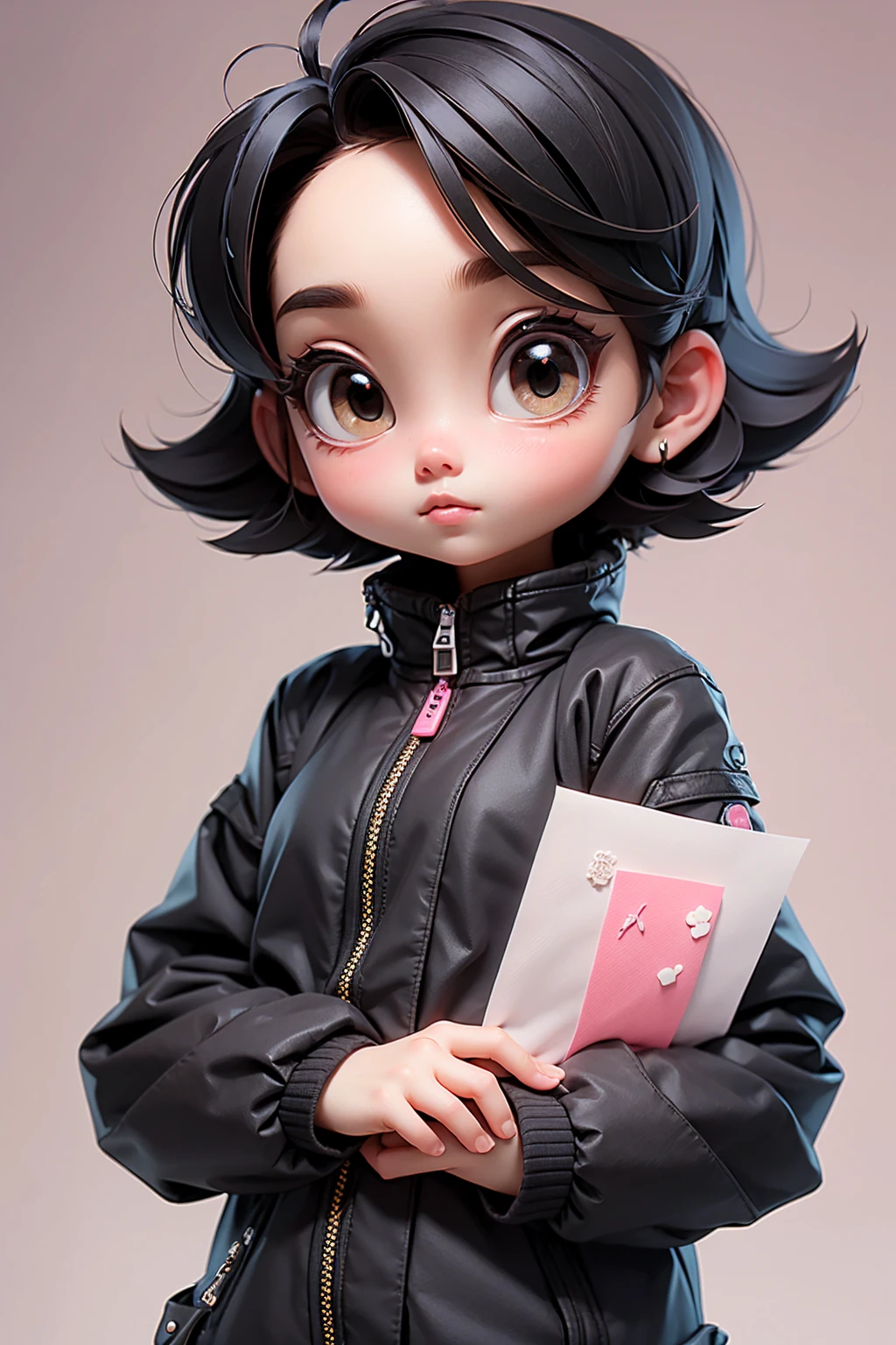 (masterpiece, best quality), 1 girl, 黑色齐肩short hair,short hair,black down jacket. Holding pink A4 paper in hand, only,Standing, Looking at the camera casually,front,White background