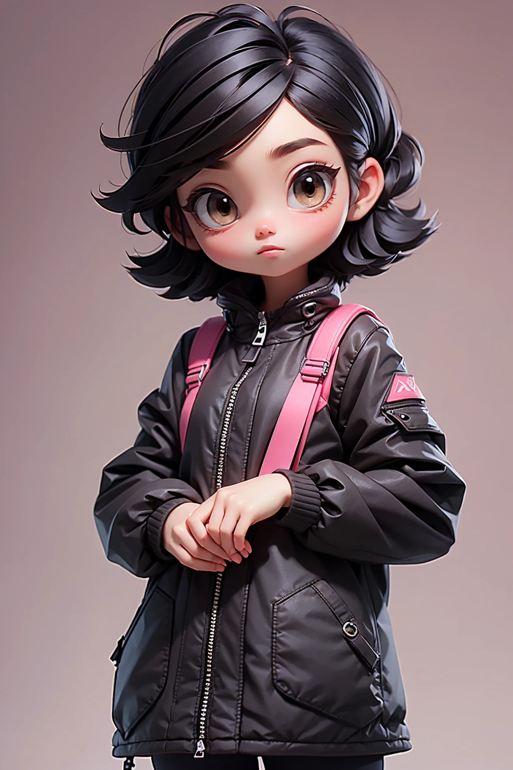 (masterpiece, best quality), 1 girl, 黑色齐肩short hair，short hair，black down jacket. Holding pink A4 paper in hand, only,Standing， Looking at the camera casually，front，White background
