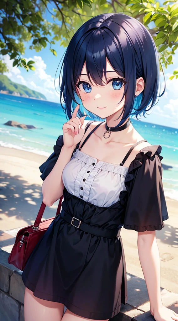 Girl short hair Blue hair Blue eyes Blue matching Smile confidently Correct limbs, black sundress, outdoor park background