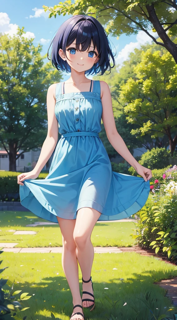 Girl short hair Blue hair Blue eyes Blue matching Smile confidently Correct limbs, black sundress, outdoor park background