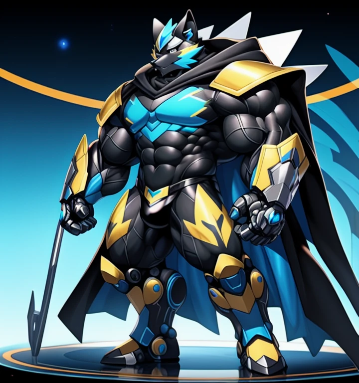 (masterpiece, best quality, detailed:1.2)
(Pokémon)
Powered exoskeleton with the same design as Zeraora
big muscle,
pecs, triceps, traps, waist narrow,
unusually developed muscular body,
bulge in the crotch, wears a small black string thong that reveals huge, muscular thighs. (metallic color: jet black thong)
body full of huge muscles. bulge in the crotch, wears a small black string thong that reveals huge, muscular thighs. (metallic color: jet black thong)
also have a cloak on my back.
The cloak is black.
Wearing full plate armor
Its full plate armor emphasizes the muscles.
The cloak is so long that it touches the ground,
showing off muscles,
mechs,
Correct limbs,
detailed full body,
Very muscular,
Large pecs,
Heavyweight,
Bodybuilder figure,
Wearing cyberpunk mecha,
big bump,
sparkling skin,
Vibrant colors, 4K,
realism,
galactic cybernetics mask,
full body,
wearing a dark bodysuit underneath,
a knight's mechanical armor,
glowing wide and heavy armor,
he wears a bizarre fantasy surreal-style chest armor with scales,
absolutely stunning art,
4K, realism, Don't stray too far from Zeraora's design, Furry Heroes, Main is yellow COLOR,
He wears the same armor as himself from head to foot.