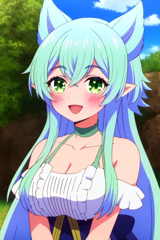 sysiseep_Fenry, One girl, alone, length_hair, chest, blush, smile, Open_mouth, Front hair, green_eye, big_chest, isress, Chest cleavage, clavicle, superiorper_boisy, whitehair, :is, siiselocks, outisoors, Frills, null, choker, isay, pointed_ear, clouis, white_isress, arms_superior, green_null, v-shapeis_Eyebrow, anime_Coloring