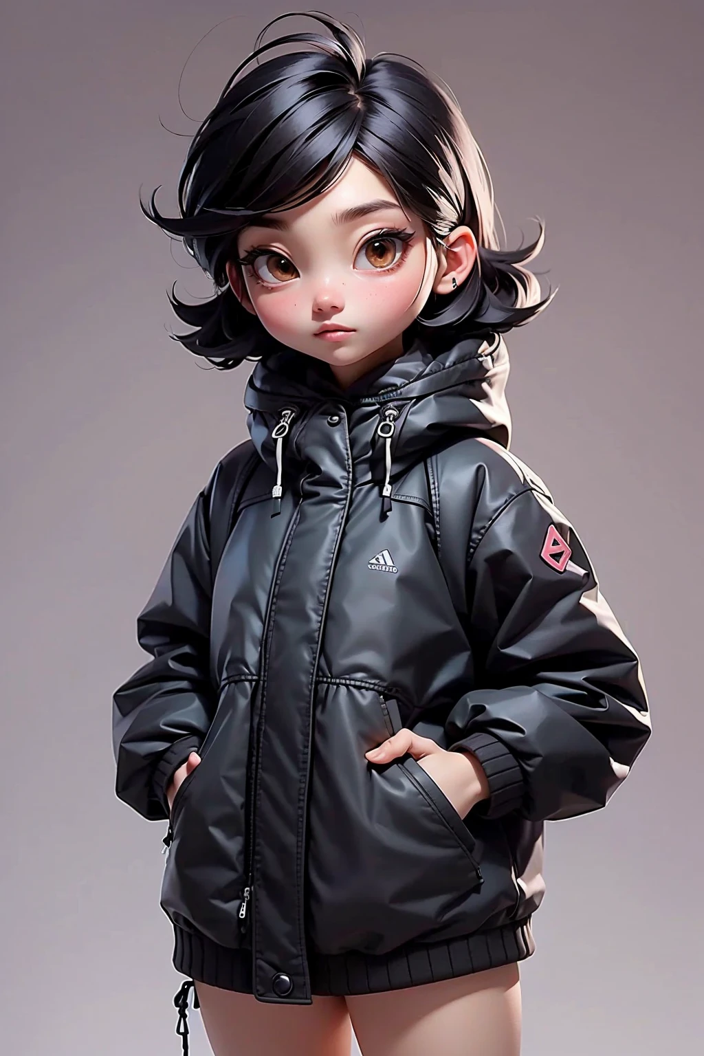 (masterpiece, best quality), 1 girl, 黑色齐肩short hair，short hair，black down jacket. Long down jacket，Holding pink A4 paper in right hand, only,Standing， Looking at the camera casually，front，White background