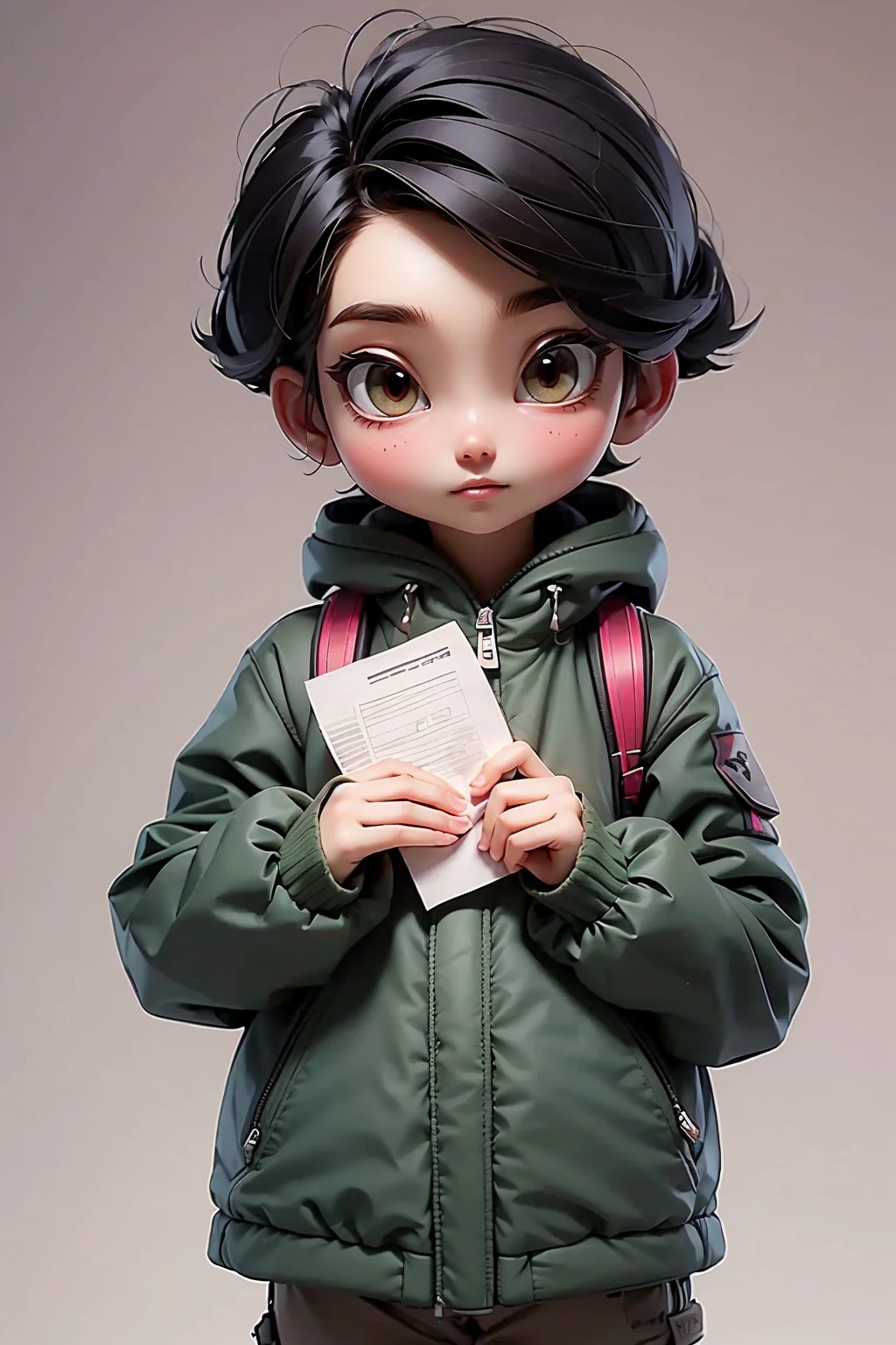 (masterpiece, best quality), 1 girl, 黑色齐肩short hair，short hair，black down jacket. Long down jacket，Holding pink A4 paper in right hand, only,Standing， Looking at the camera casually，front，White background