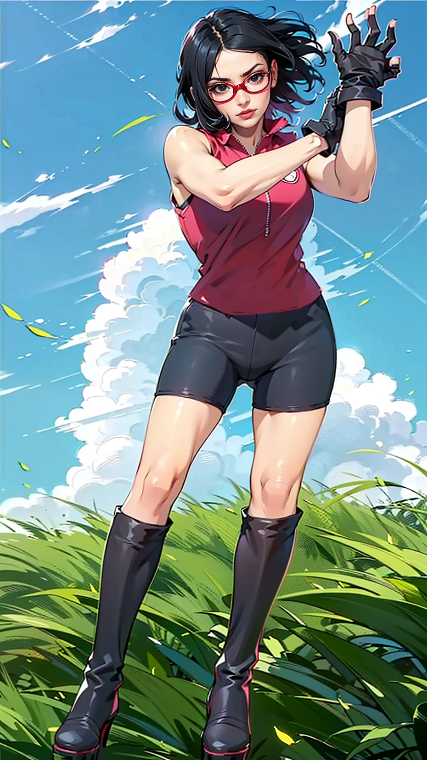 (1girl, Alone, alone), (WakatsukiRisa, Sarada uchiha, (black hair), short hair, Black eyes, red glasses), ((Alone, (1woman, pink lipstick, Black eyes), extremely detailed , Soft ambient lighting, 4K, perfect eyes, a perfect face, Perfect Lighting, the 1 girl)), ((fitness, , shapely body, athletic body, toned body)) , ((red blouse, black gloves, , black shorts, legging shorts, high boots, high heel boots, blue cue, clouds, grass))