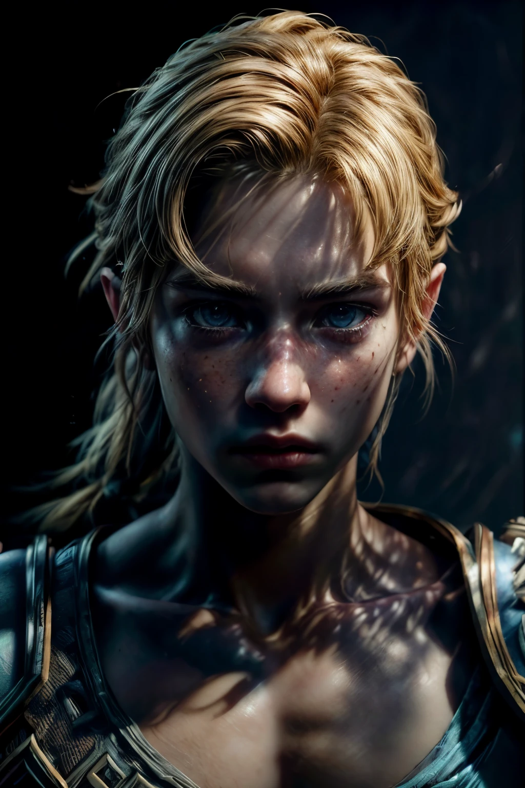 Link, the brave protagonist of 'Breath of the Wild', hyperrealism that captures every detail of his face and heroic warrior figure. beautifully detailed face, freckles, Caucasian, his facial expression is serious and angry, frowning. ((************)), light blue eyes, ((blonde hair)), medium length, tied in a ponytail at the nape of the neck, ((wearing the Champion's armor)), impressive image quality, with a resolution of c32K. Dramatic, cinematic lighting plays with shadows and enhances details, creating an ultra-detailed effect, Masterpiece, best quality, intricately detailed hyper-detailed, realistic, Sharp features, Highly detailed, Sharp focus, natural light reflection, cinematic, dramatic light, Film light, ((hyper detailed)), hyper realistic, Masterpiece, atmospheric, High resolution, vibrant, dynamic studio lighting, ((dark background))