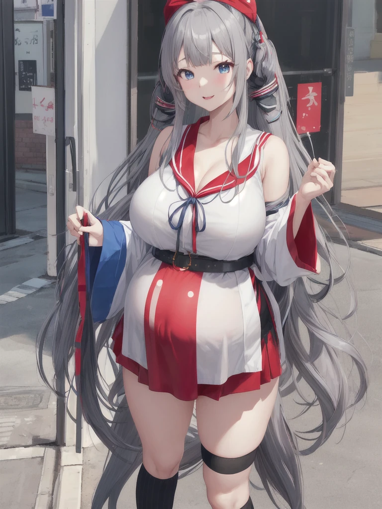 Kaguya Tsukina、high resolution、Virtual YouTuber、A girl、, Red knee-length socks, Double tail, blue eyes, Hair accessories, sash, cleveage、sleeveless、hairpin、Gray hair、Black clothes、Red belt、Huge Breasts,Pregnant