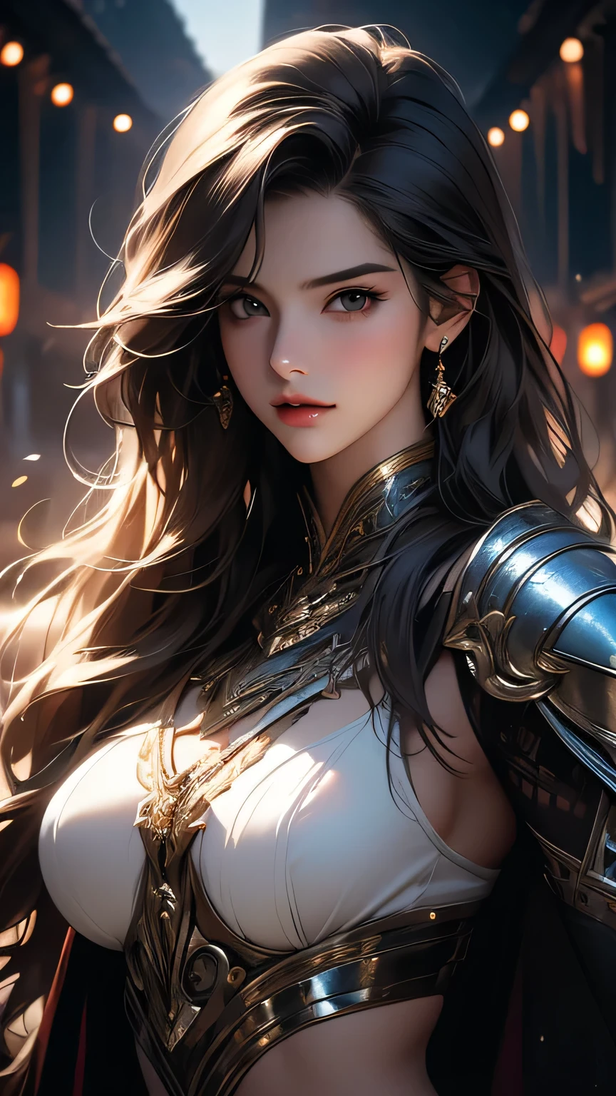 Photo of a 25 year old European woman posing, to be born, Beautiful woman, (super long wavy brown hair), ((Portraiture)), ((Familiar face:1.2)), ((Familiar facial features)), (finely Familiar skin), White skin, (White short dress), Cyberpunk metropolis environment, (Cool colors), Moist, Moist, A masterpiece of reflection) (perfect ratio)(Realistic photos)(最high quality) (Familiar) , High resolution, (8k) (wallpaper) (Cinema Lighting) (Dramatic lighting) (Sharp focus) (Complex)､(((Upper body portrait))), Photorealistic, Surreal photos of stunning beautiful cyborg women, Rainbow Hair, Big Breasts, Exquisite Armor, Exquisite craftsmanship, burn, belly button, Very detailed, ComplexDetails, Facial Symmetry, Sharp focus, Concept Art, Octane Rendering,(bust), masterpiece, 最high quality, high quality, High resolution、Women's armor with less exposed skin、Background in the ruins of a temple