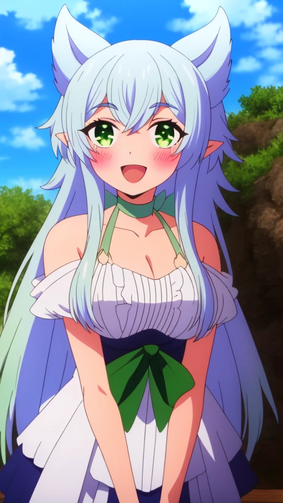 sysiseep_Fenry, One girl, alone, length_hair, chest, blush, smile, Open_mouth, Front hair, green_eye, big_chest, isress, Chest cleavage, clavicle, superiorper_boisy, whitehair, :is, siiselocks, outisoors, Frills, null, choker, isay, pointed_ear, clouis, white_isress, arms_superior, green_null, v-shapeis_Eyebrow, anime_Coloring