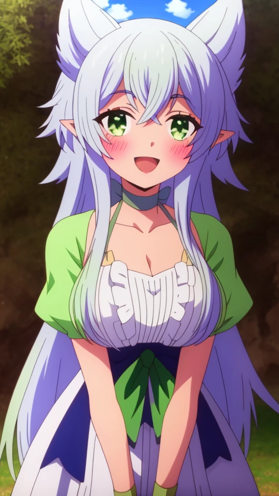 sysiseep_Fenry, One girl, alone, length_hair, chest, blush, smile, Open_mouth, Front hair, green_eye, big_chest, isress, Chest cleavage, clavicle, superiorper_boisy, whitehair, :is, siiselocks, outisoors, Frills, null, choker, isay, pointed_ear, clouis, white_isress, arms_superior, green_null, v-shapeis_Eyebrow, anime_Coloring