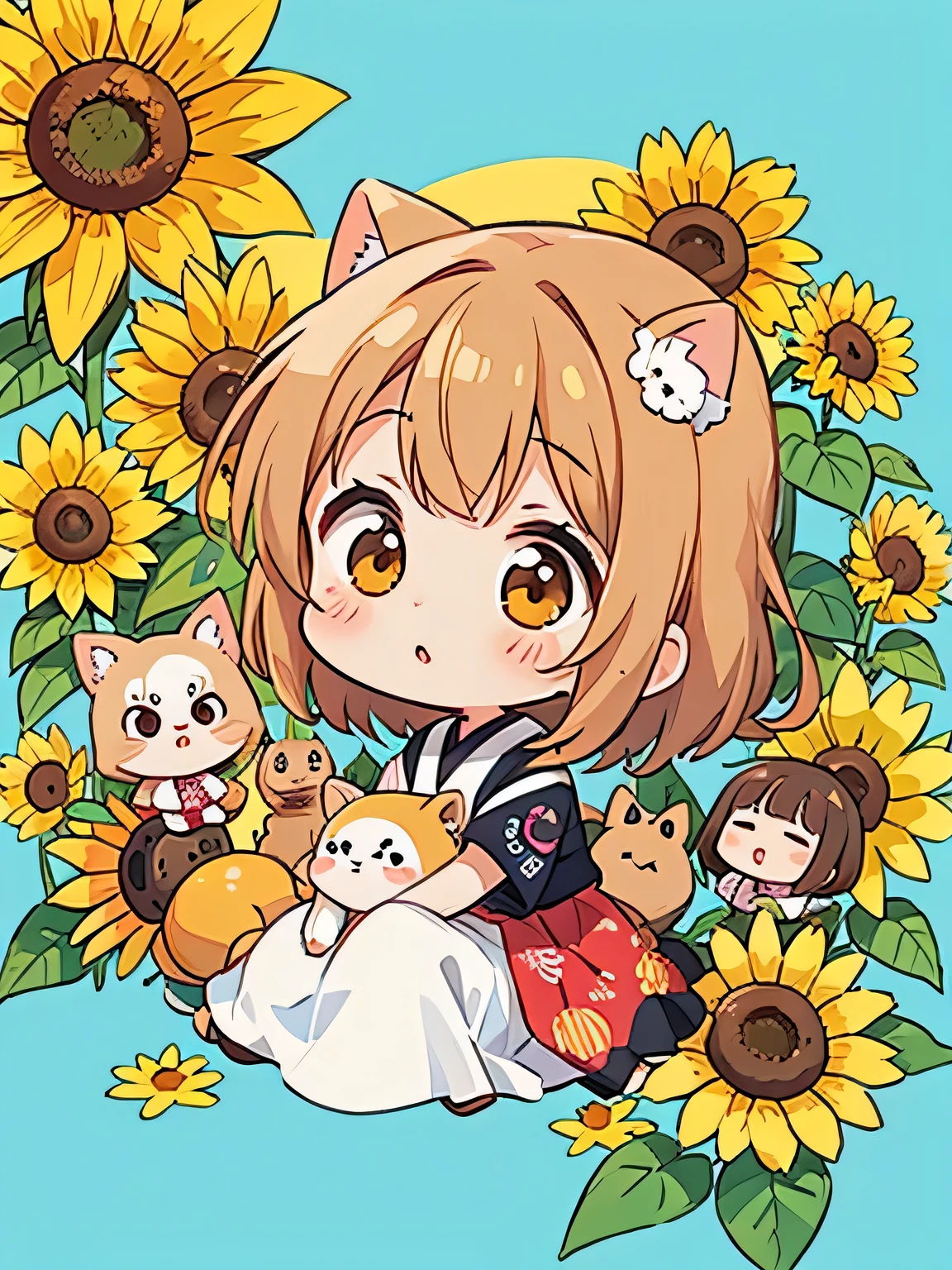 Machiko Satonaka style, Kawaii Design, most beautiful girl ever、Chibi, (((Lots of friends)))、sunflower、Lots of cute aliens