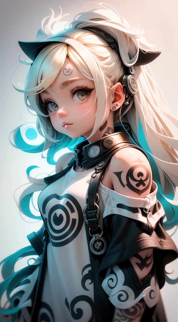 On a brick wall. Doodle drawing. Against the background of white circles, A cute cool blonde rocker and a tattooed young girl dressed in black, On her shoulder is an owl