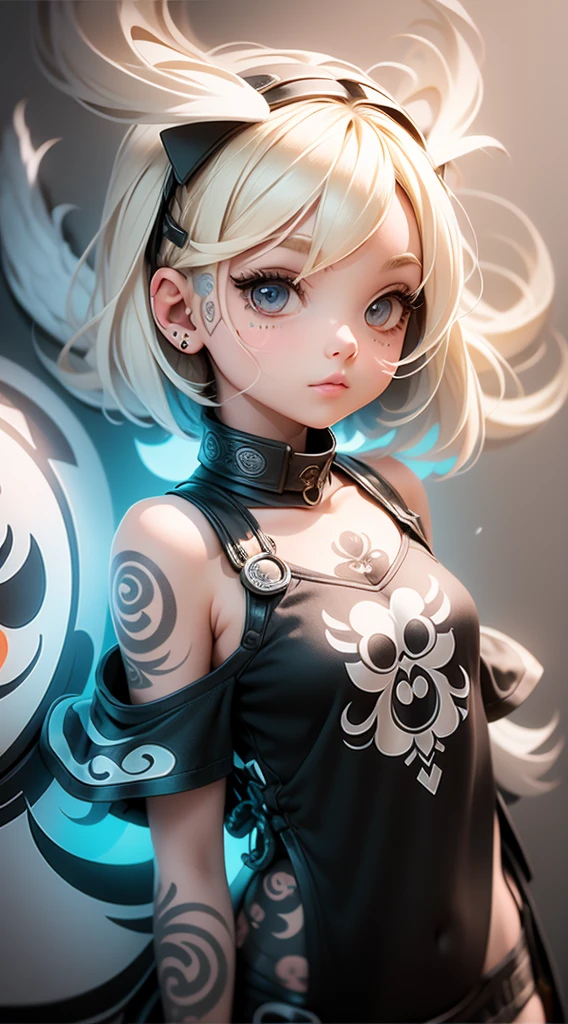 On a brick wall. Doodle drawing. Against the background of white circles, A cute cool blonde rocker and a tattooed young girl dressed in black, On her shoulder is an owl